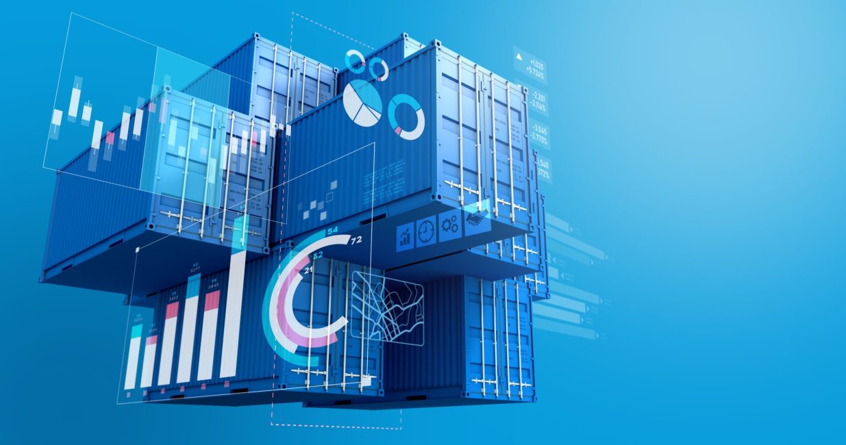 Stack,Of,Blue,Containers,Box,With,Digital,Graph,Chart,,Import