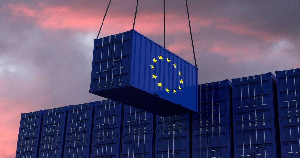 A freight container with the EU flag hangs in front of many blue stacked freight containers - concept trade - import and export - 3d illustration